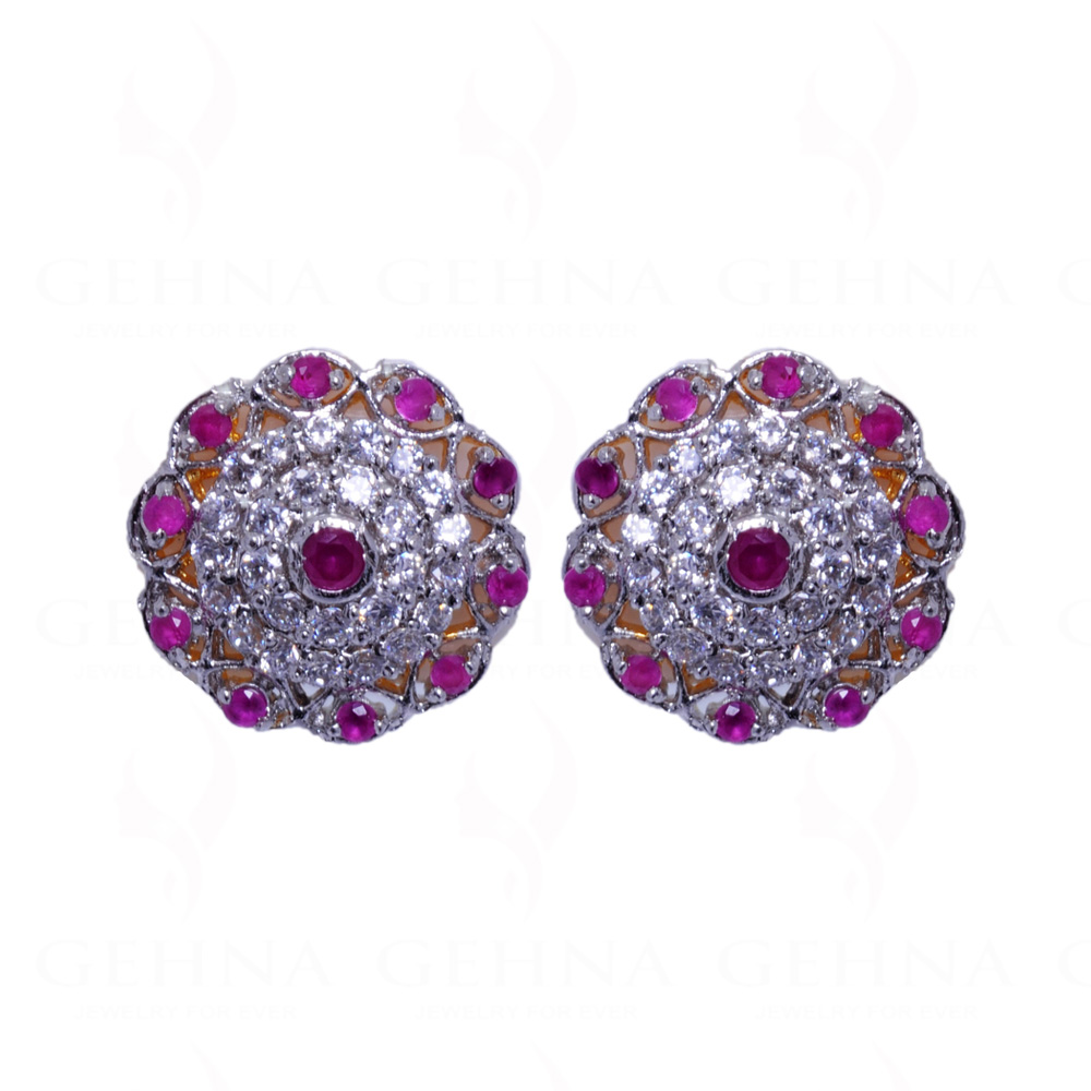 Ruby & Simulated Diamond Studded Flower Shape Earrings FE-1025