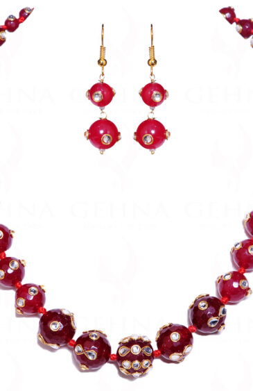 White Sapphire Studded Red Garnet Color Beads Necklace & Earrings FN-1025