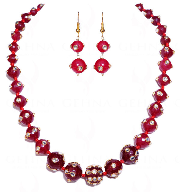 White Sapphire Studded Red Garnet Color Beads Necklace & Earrings FN-1025