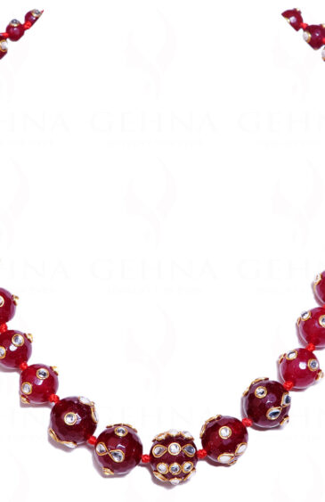 White Sapphire Studded Red Garnet Color Beads Necklace & Earrings FN-1025