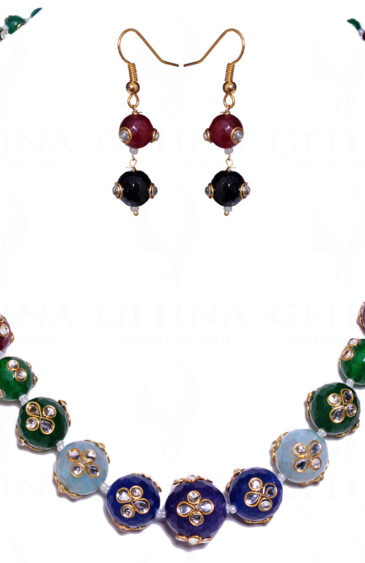 White Sapphire Studded Multi Color Beads Necklace & Earrings FN-1026