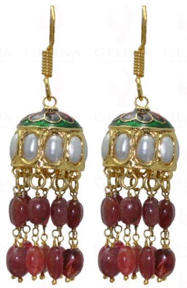 Ruby Gemstone Bead With Pearl Studded Jhumki Style Earrings LE01-1026