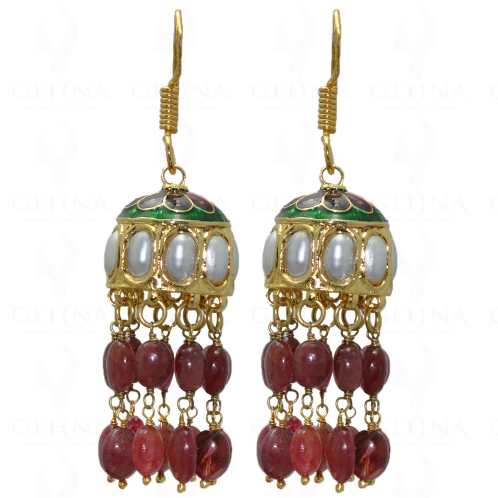 Ruby Gemstone Bead With Pearl Studded Jhumki Style Earrings LE01-1026