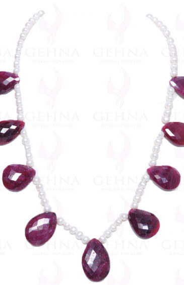 Necklace Of Ruby Gemstone Bead With Natural Sea Water Pearl NM-1026