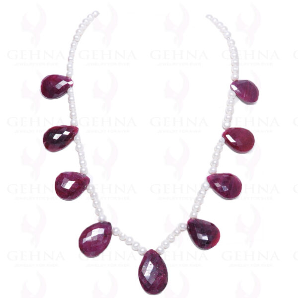 Necklace Of Ruby Gemstone Bead With Natural Sea Water Pearl NM-1026