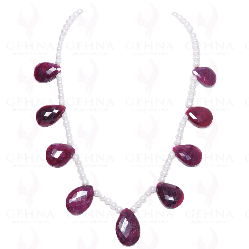 Necklace Of Ruby Gemstone Bead With Natural Sea Water Pearl NM-1026