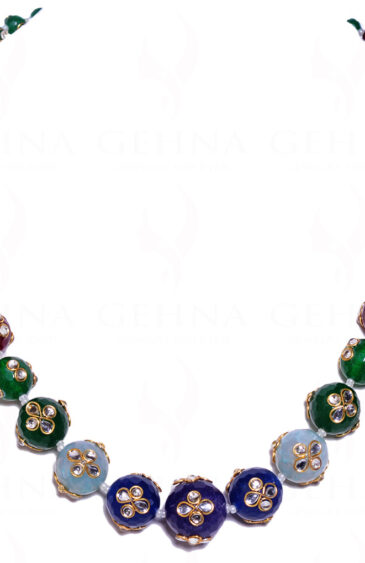 White Sapphire Studded Multi Color Beads Necklace & Earrings FN-1026
