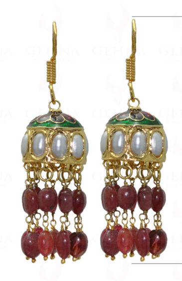 Ruby Gemstone Bead With Pearl Studded Jhumki Style Earrings LE01-1026