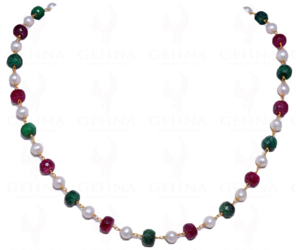 18" Emerald Ruby Faceted Bead & Pearl Chain In .925 Sterling Silver Cm1027