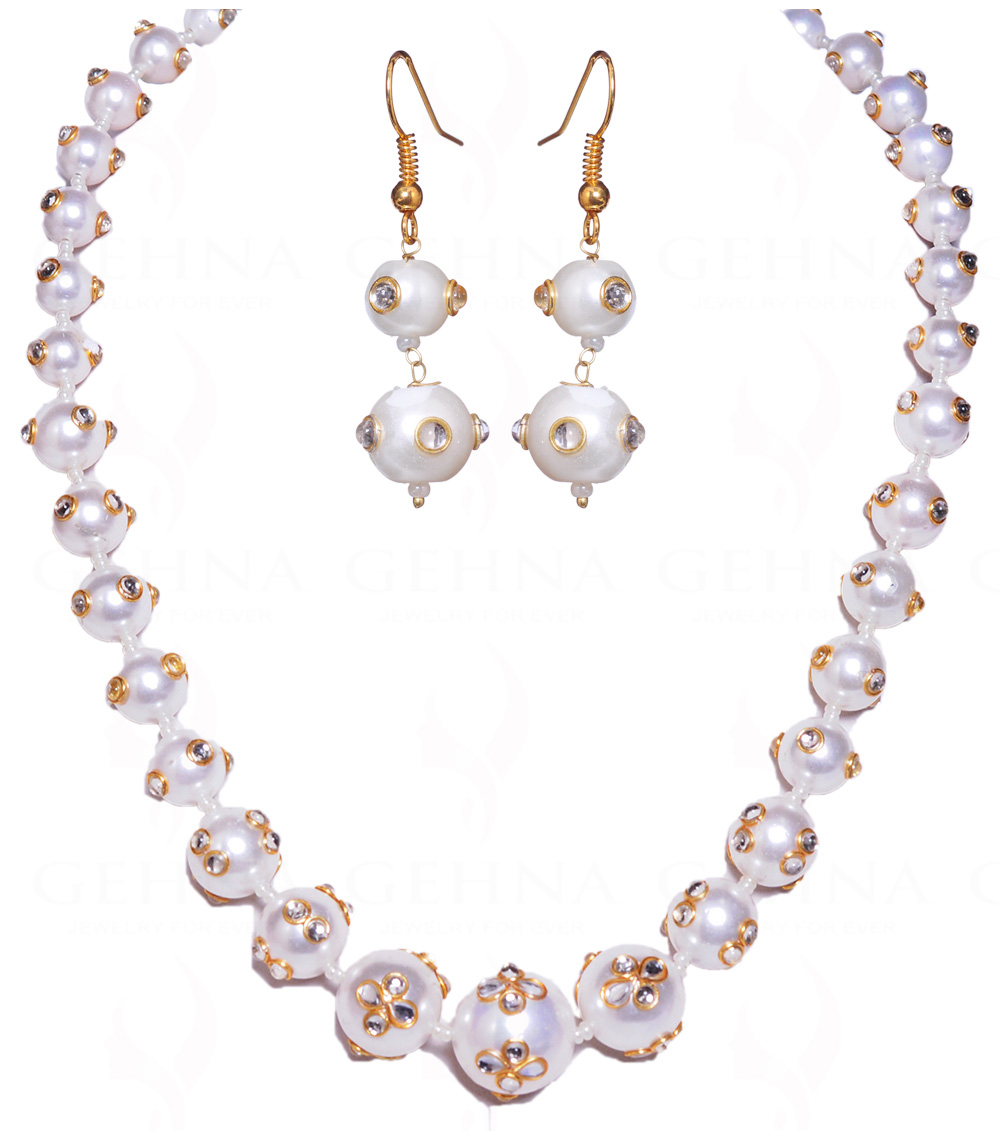 White Sapphire Studded Pearl Balls Necklace & Earrings FN-1027