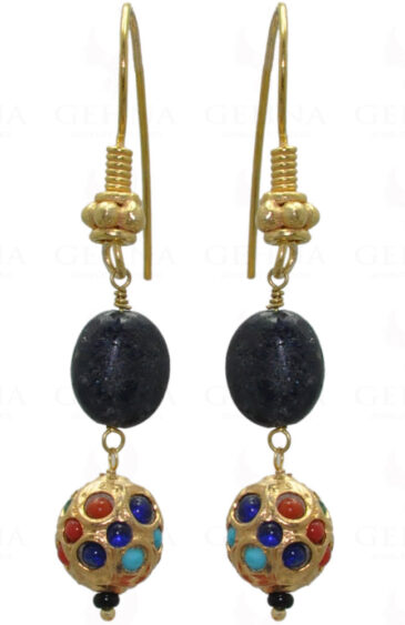 Blue Sapphire Bead Earrings With Navaratna Stone Studded Jadau Ball LE01-1027