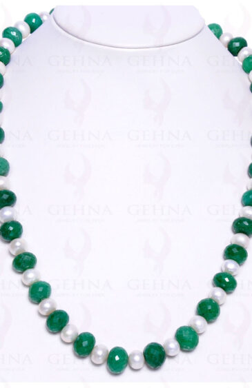 Necklace Of Emerald Gemstone Faceted Bead With Natural Sea Water Pearl NM-1027