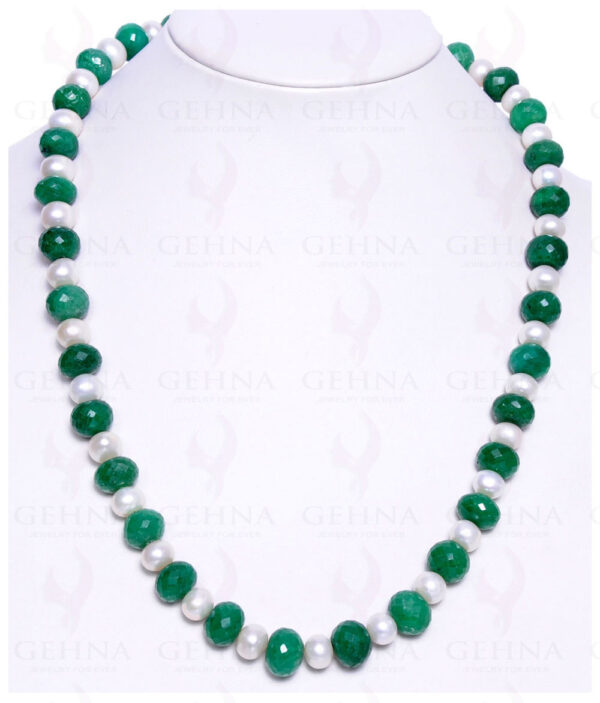 Necklace Of Emerald Gemstone Faceted Bead With Natural Sea Water Pearl NM-1027