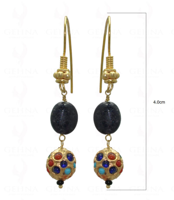 Blue Sapphire Bead Earrings With Navaratna Stone Studded Jadau Ball LE01-1027