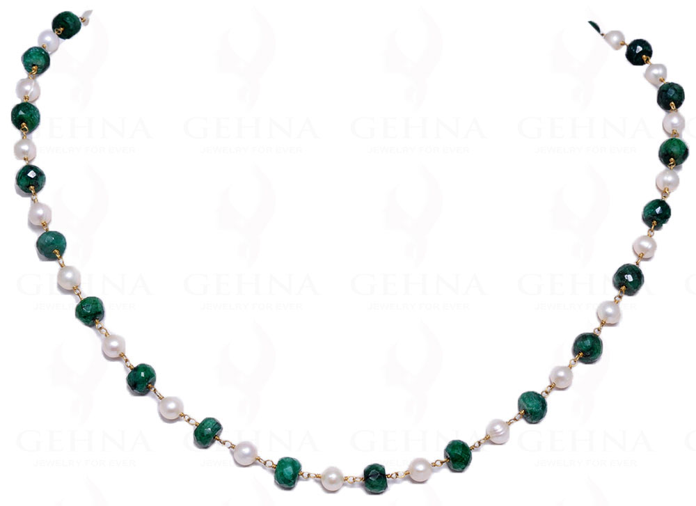 18" Emerald & Pearl Bead Chain In .925 Sterling Silver Cm1028