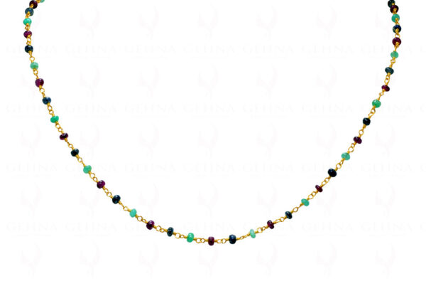 Ruby Sapphire Emerald Bead Chain Linked In .925 Silver - Yellow Polish CP-1028