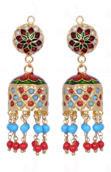 Coral & Turquoise Stone Bead With Pearl Studded Jhumki Style Earrings LE01-1028