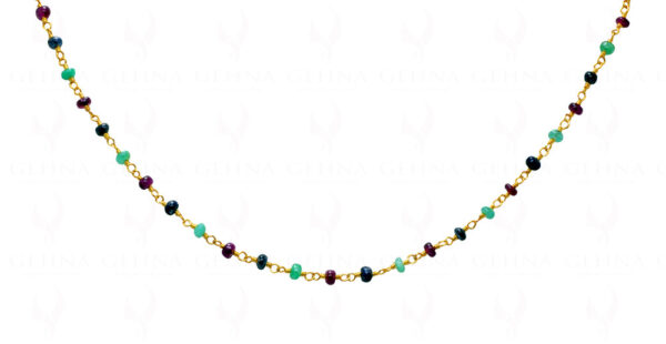 Ruby Sapphire Emerald Bead Chain Linked In .925 Silver - Yellow Polish CP-1028