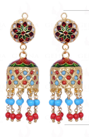 Coral & Turquoise Stone Bead With Pearl Studded Jhumki Style Earrings LE01-1028