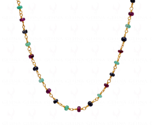 Ruby Sapphire Emerald Bead Chain Linked In .925 Silver - Yellow Polish CP-1028