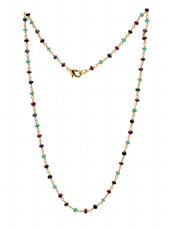 Ruby Sapphire Emerald Bead Chain Linked In .925 Silver - Yellow Polish CP-1028