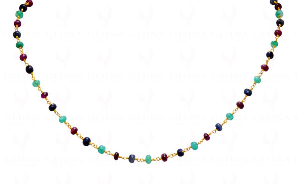 Ruby Sapphire Emerald Bead Chain Linked In .925 Silver - Yellow Polish CP-1028