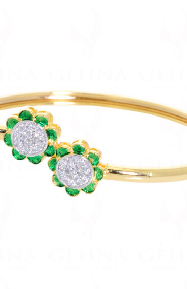 Round Cubic Zirconia Studded Flower Shaped Bracelet With Green Enamel FB-1029