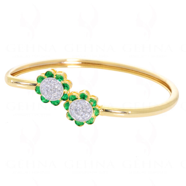 Round Cubic Zirconia Studded Flower Shaped Bracelet With Green Enamel FB-1029