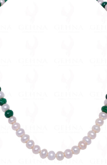 Necklace Of Emerald Gemstone Faceted Bead With Sea Water Pearls NM-1029