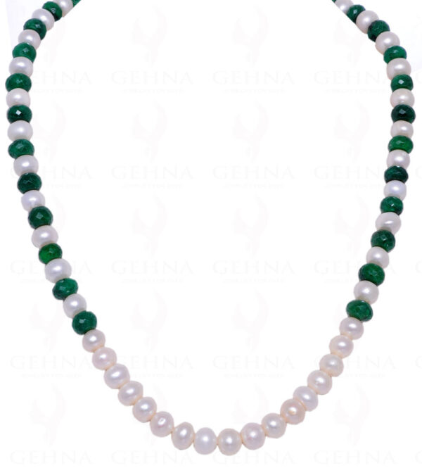 Necklace Of Emerald Gemstone Faceted Bead With Sea Water Pearls NM-1029