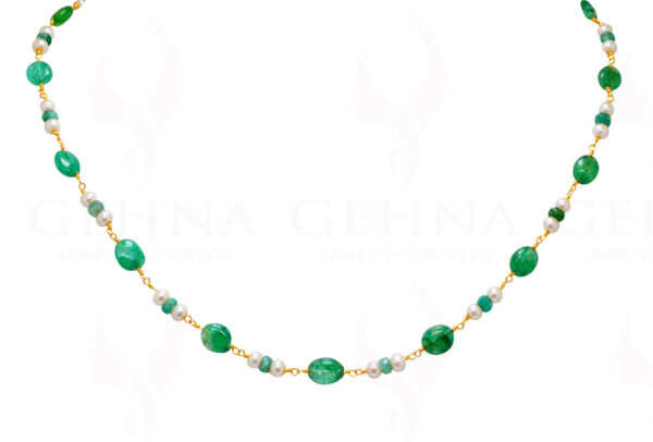 Emerald Plain Bead & Pearl  Chain In .925 Sterling Silver Cm1030