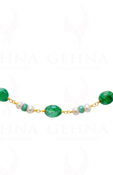 Emerald Plain Bead & Pearl  Chain In .925 Sterling Silver Cm1030