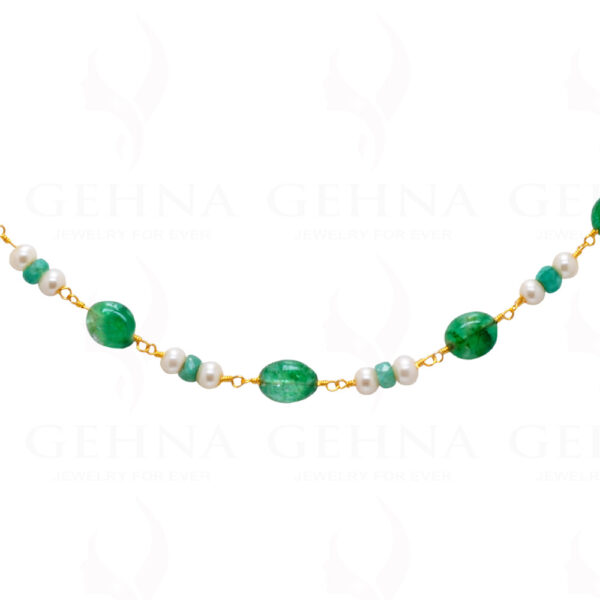 Emerald Plain Bead & Pearl  Chain In .925 Sterling Silver Cm1030