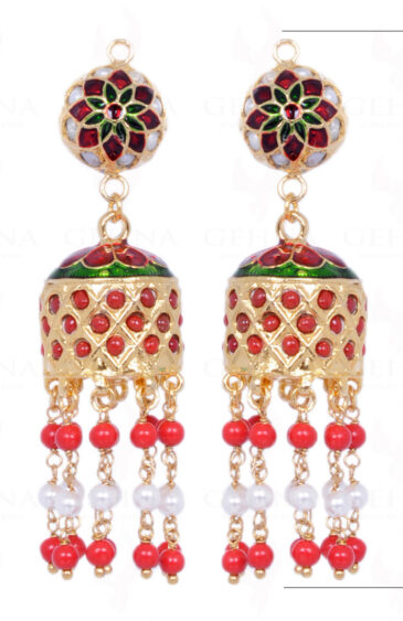 Pearl & Coral Gemstone Bead With Jhumki Style Earrings LE01-1030