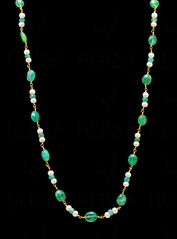 Emerald Plain Bead & Pearl  Chain In .925 Sterling Silver Cm1030