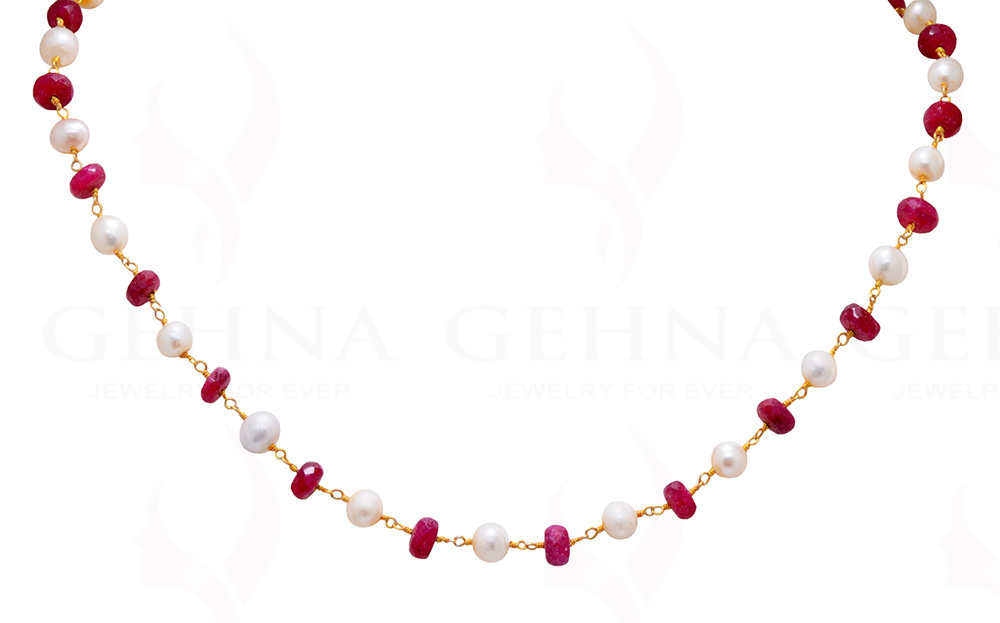 Ruby Faceted Bead & Pearl Chain In .925 Sterling Silver Cm1031