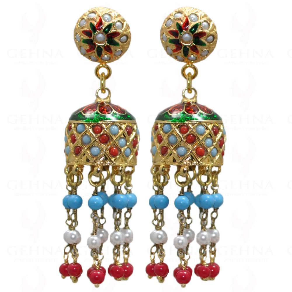 Pearl, Coral & Turquoise Bead With Pearl Studded Jhumki Style Earrings LE01-1031