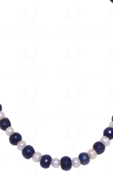 Pearl & Blue Sapphire Gemstone Faceted Bead Necklace NM-1031