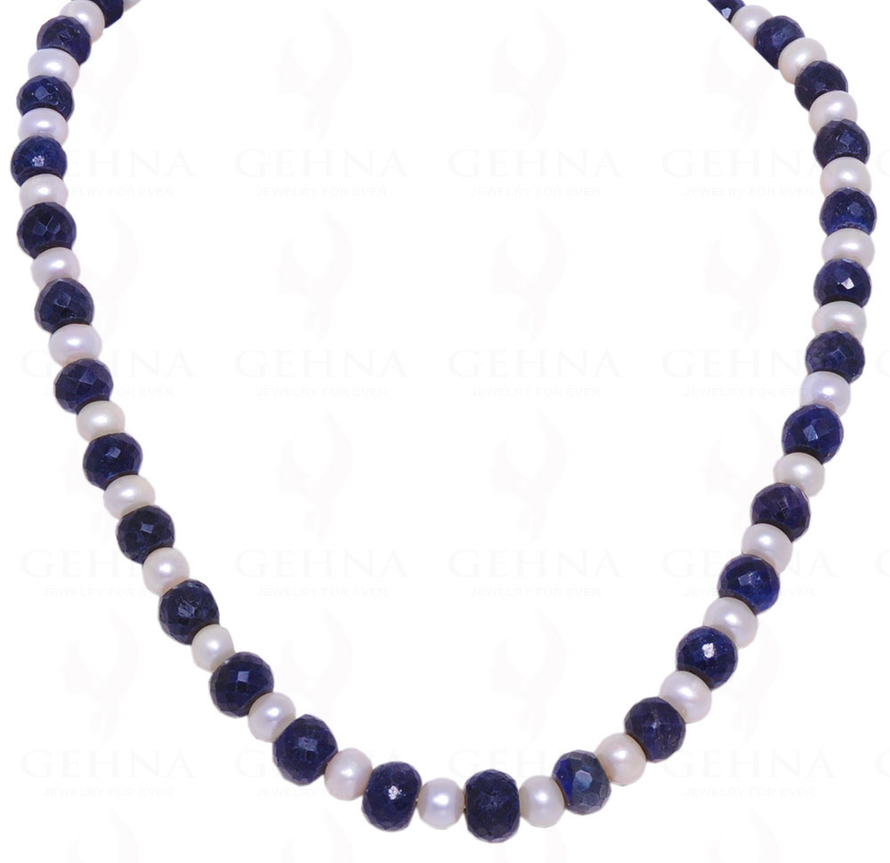 Pearl & Blue Sapphire Gemstone Faceted Bead Necklace NM-1031