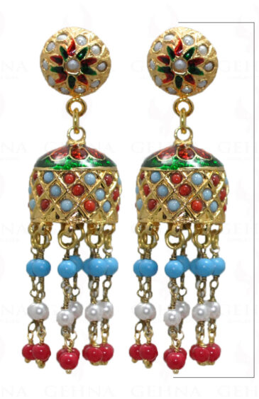 Pearl, Coral & Turquoise Bead With Pearl Studded Jhumki Style Earrings LE01-1031