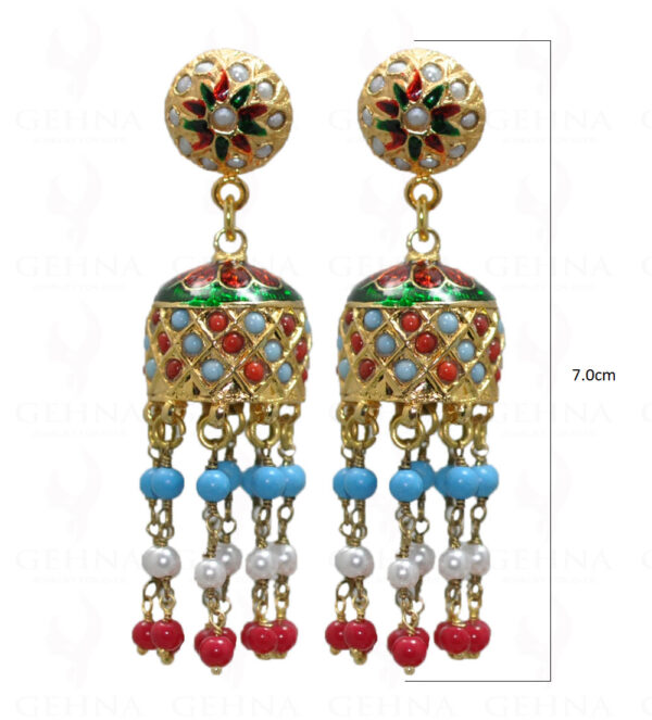 Pearl, Coral & Turquoise Bead With Pearl Studded Jhumki Style Earrings LE01-1031