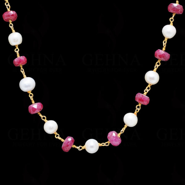 Ruby Faceted Bead & Pearl Chain In .925 Sterling Silver Cm1031