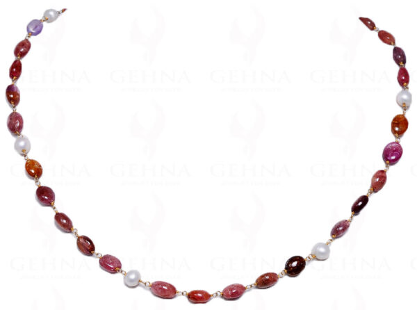 18" Pearl & Pink Spinel Gemstone Bead Chain In .925 Sterling Silver Cm1032
