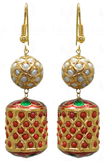 Pearl Studded Jadau Ball & Coral Studded Jadau Drum Earrings LE01-1032