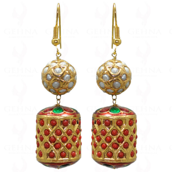 Pearl Studded Jadau Ball & Coral Studded Jadau Drum Earrings LE01-1032