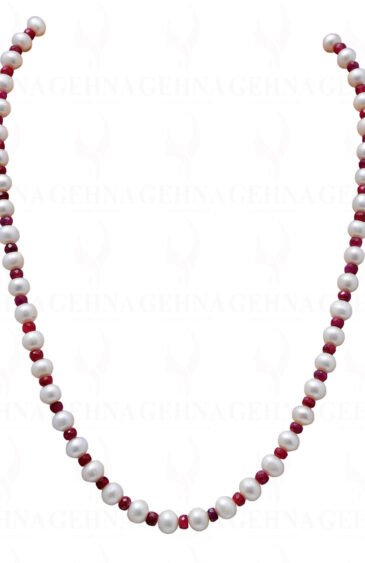 Pearl & Ruby Gemstone Faceted Bead Necklace NM-1032