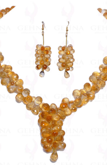 Natural Citrine Gemstone Faceted Drop Shaped Bead Necklace & Earrings Set NS-1032