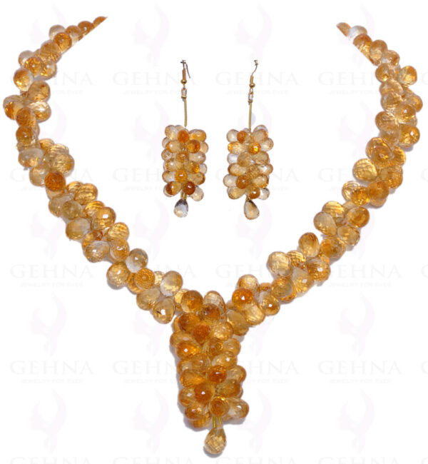 Natural Citrine Gemstone Faceted Drop Shaped Bead Necklace & Earrings Set NS-1032