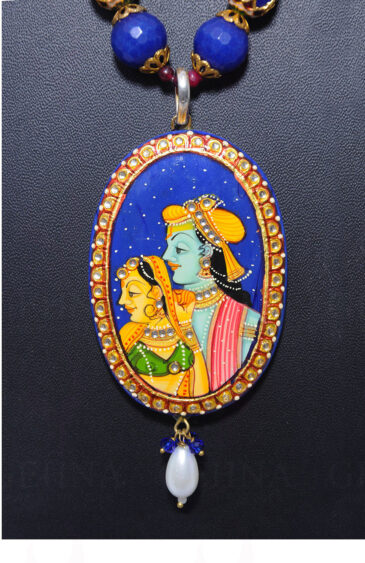 White Topaz Studded Beautiful Radha Krishna Hand Painted Pendant Set FN-1032