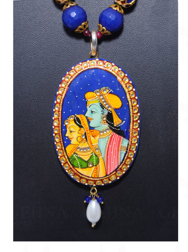 White Topaz Studded Beautiful Radha Krishna Hand Painted Pendant Set FN-1032